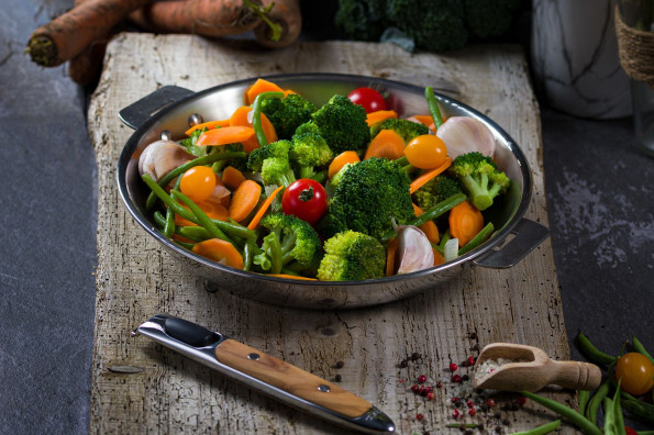 Pan-fried carrots, broccoli,  and green beans