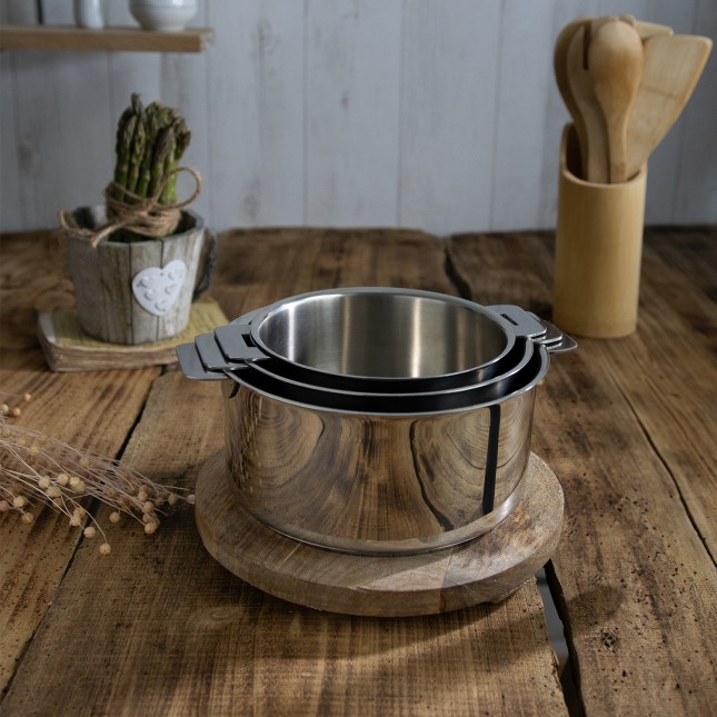 Set de 3 casseroles inox + 1 poignée amovible colorée Noir 15