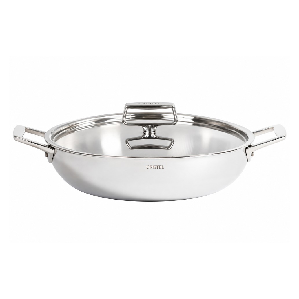 Stainless steel sauté pan with two side handles and lid