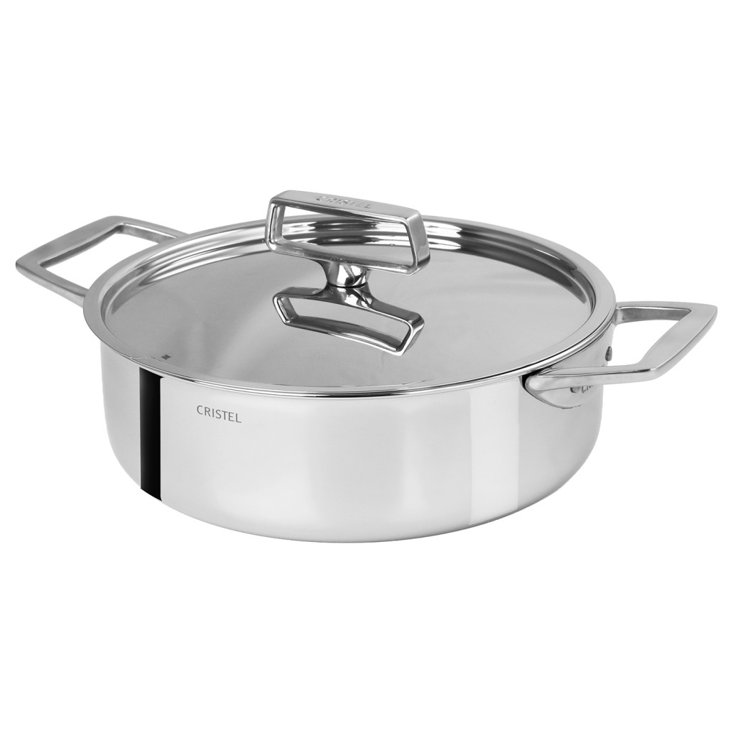 Ultraply stainless steel sauté pan with two side handles and stainless steel lid