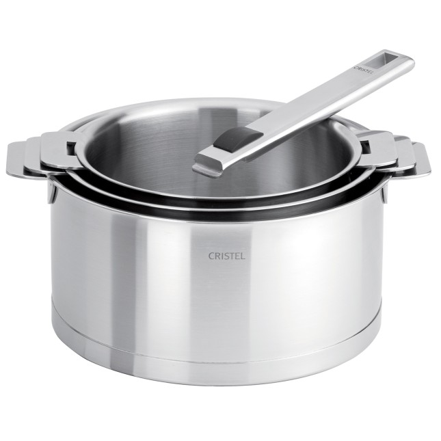 Set of three stainless steel saucepans + removable Strate handle 
