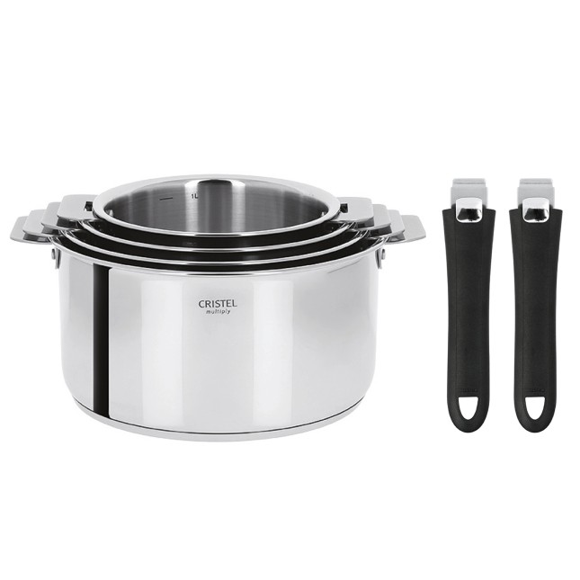 Set of 4 Multiply stainless steel saucepans + 2 removable black handles Black