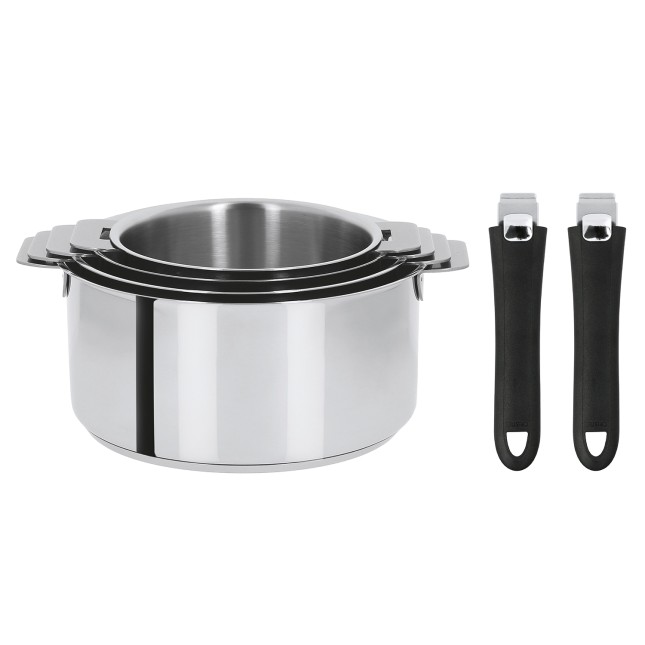 Set de 4 casseroles inox + 2 poignées amovibles colorées Noir