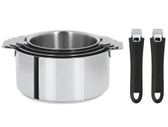 Set of 4 stainless steel saucepans + 2 coloured removable handles - Cristel