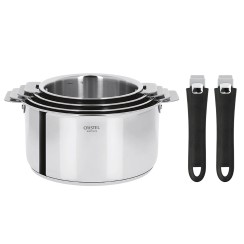 Set of 4 Multiply stainless steel saucepans + 2 removable black handles - Cristel