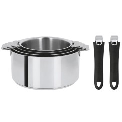 Set of 4 stainless steel saucepans + 2 coloured removable handles - Cristel