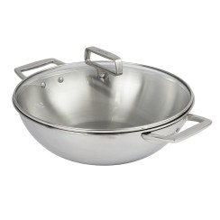 Stainless steel wok Ø28 cm, 2 fixed side handles, with glass lid - Cristel