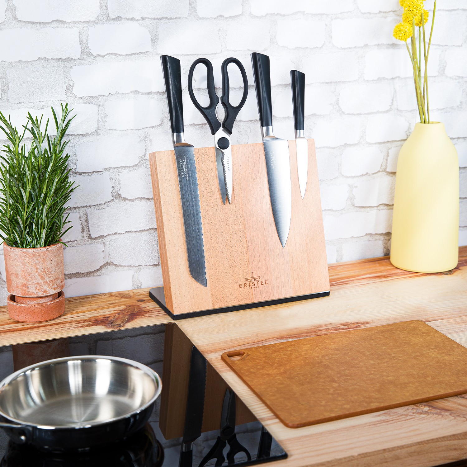ENOKING Grand Porte Couteaux Aimanté, Bloc Couteaux Cuisine Magnétique avec Bouclier en Acrylique, Porte Couteau Aimanté en Bois D'acacia avec Aiguiseur de Couteaux, Range Couteaux de Cuisine