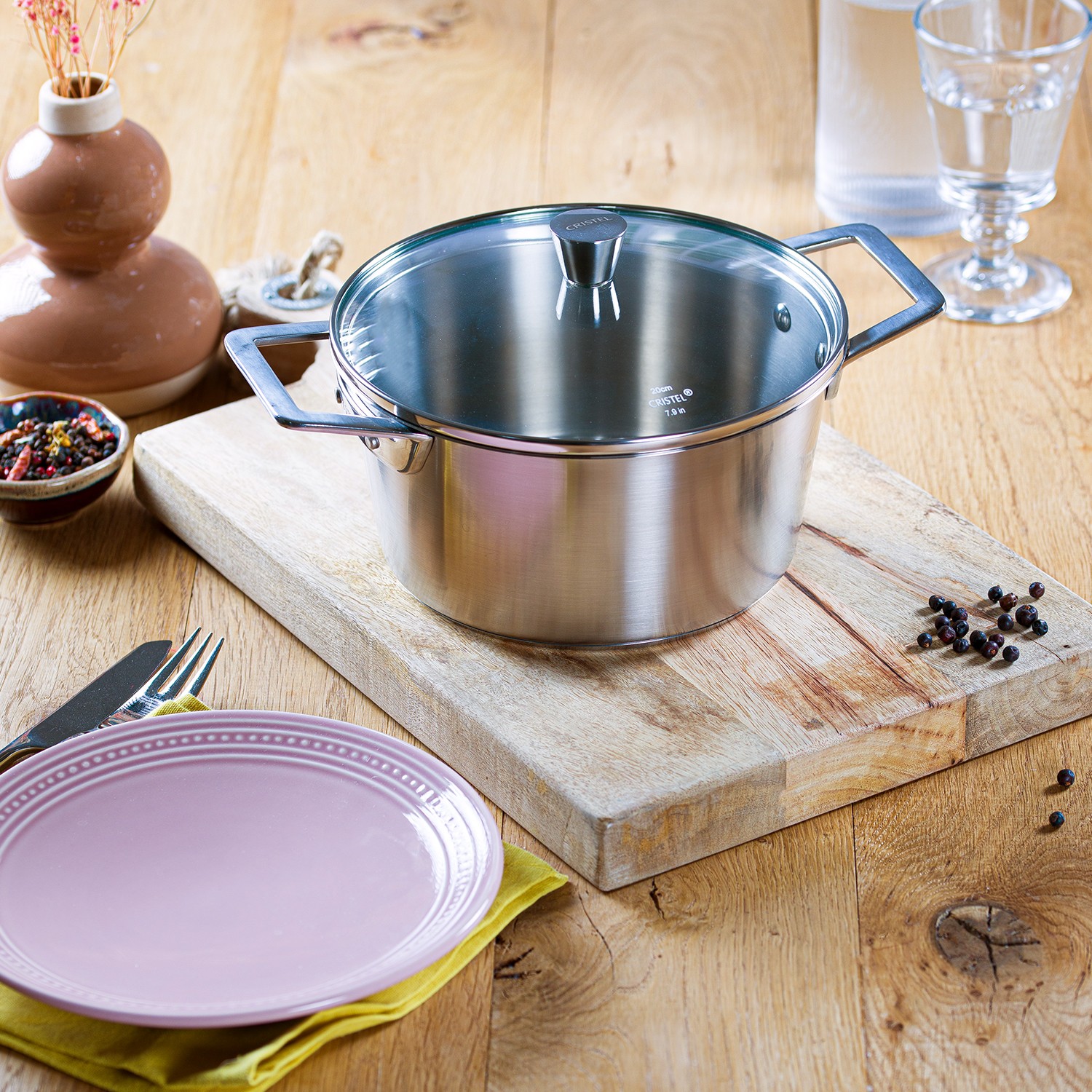 Brushed stainless steel stewpot with glass lid - 1826 fixed handle 