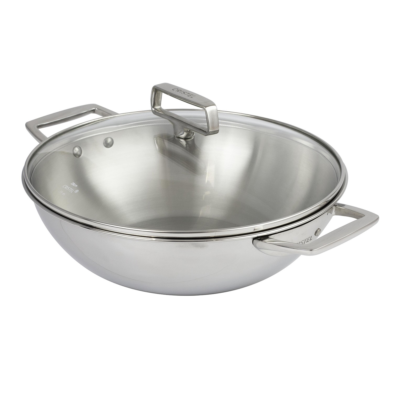 Stainless steel wok Ø28 cm, 2 fixed side handles, with glass lid