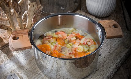 Blanquette de crevettes, poireau, citron et crème de coco