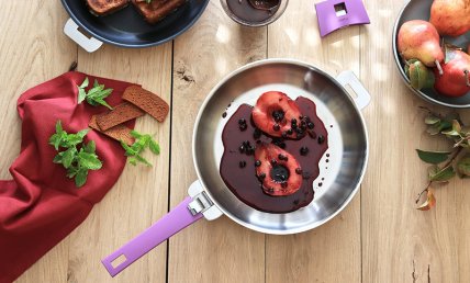 Pain d'épices perdu, ganache chocolat et poire caramélisée cassis