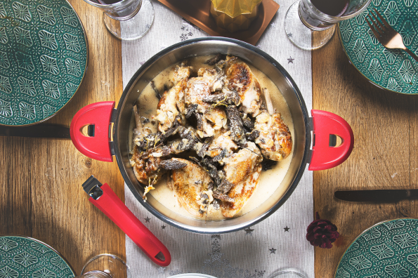 Coq au vin jaune with morel mushrooms