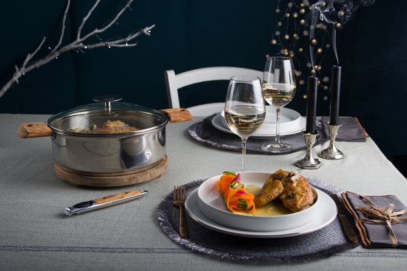 Guinea Fowl with Riesling Wine, Zucchini Noodles and Carrots