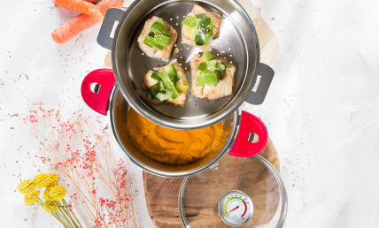 CABILLAUD VAPEUR SUR MOUSSELINE DE CAROTTES NOUVELLES