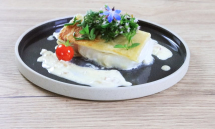 Cabillaud en croûte de pain et sauce moutarde