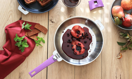 Pain d'épices perdu, ganache chocolat et poire caramélisée cassis