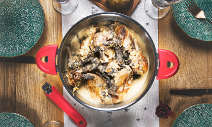 Coq au vin jaune with morel mushrooms