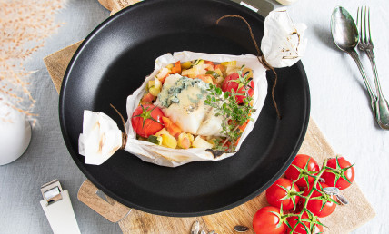 Papillote de cabillaud au bleu d'Auvergne à la poêle