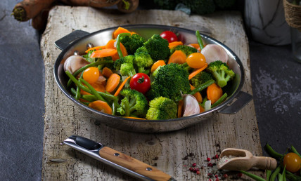 Pan-fried carrots, broccoli,  and green beans