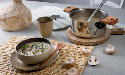 Creamy mushroom soup and pan-fried morels