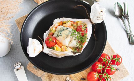 Papillote de cabillaud au bleu d'Auvergne à la poêle