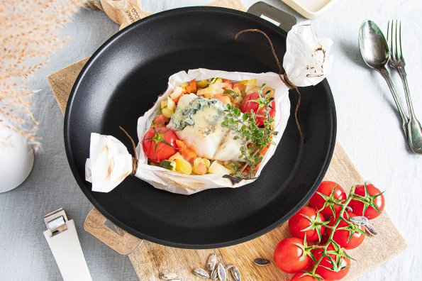 Papillote de cabillaud au bleu d'Auvergne à la poêle