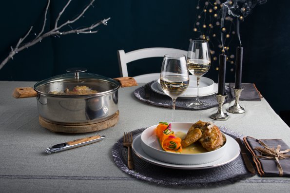 Guinea Fowl with Riesling Wine, Zucchini Noodles and Carrots