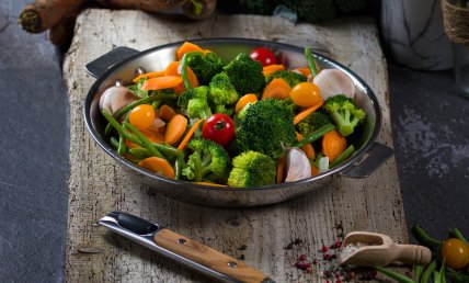 Pan-fried carrots, broccoli,  and green beans